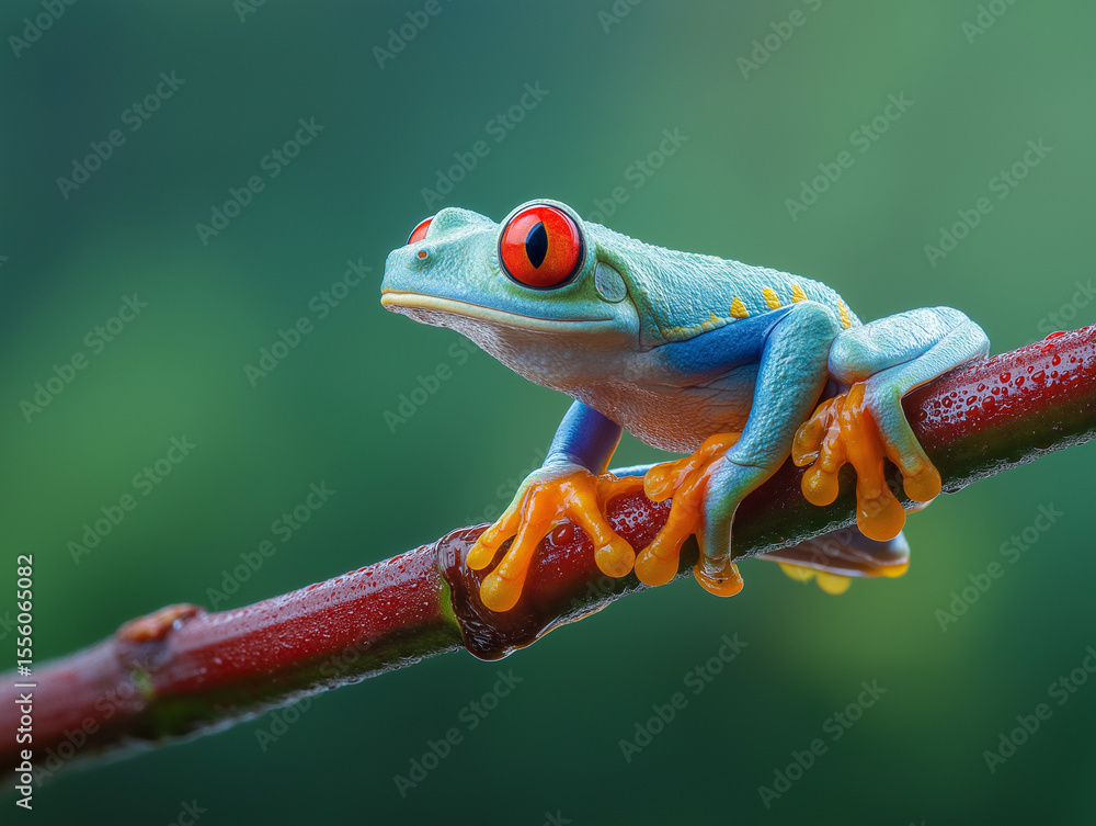 Naklejka premium A vibrant red-eyed frog perched on the edge of its branch, ready to jump into action in the lush greenery.