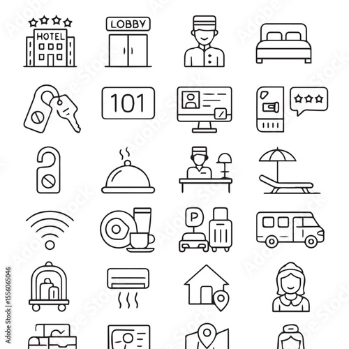 Hotel and accommodation icon set. Thin line editable stroke icons for hotels, travel services, guest rooms, hospitality, amenities, vacation stays, resort facilities, tourist lodging, booking