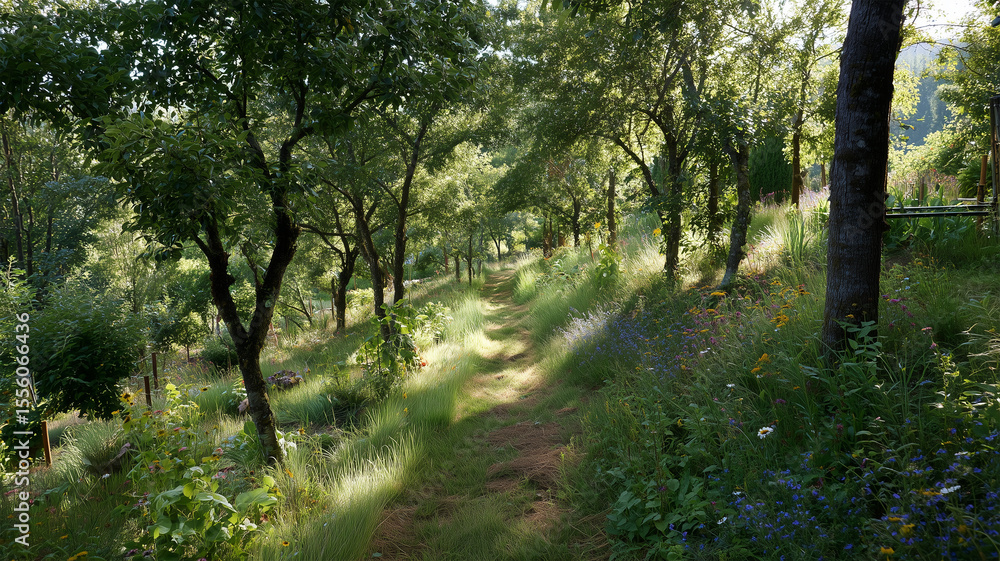 Obraz premium 丘陵に広がるパーマカルチャー林縁園
