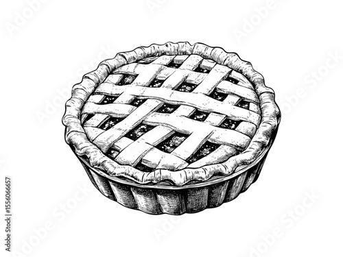 Thanksgiving pie engraving, vintage seasonal dessert illustration, hand-drawn holiday food icon, black sketch decor, old engraving style, rustic autumn celebration art, cozy kitchen design,