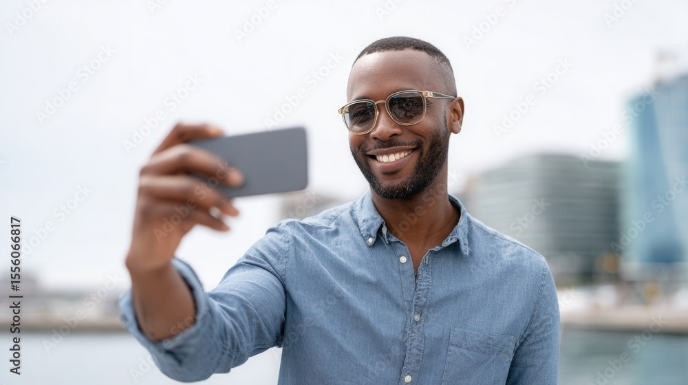Smiling african male adult taking selfie outdoors in urban setting. Smiling african male adult taking selfie outdoors in urban setting.