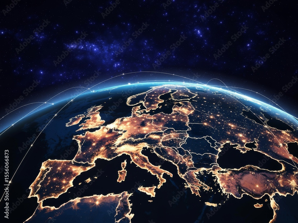 Obraz premium Earths glowing continents from orbit with starry sky