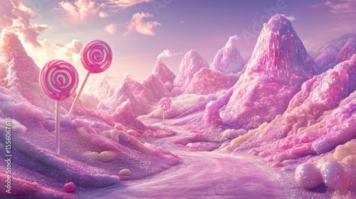 Surreal Candy Landscape with Pink Mountains and Lollipop Trees Under a Dreamy Sky Filled with Clouds