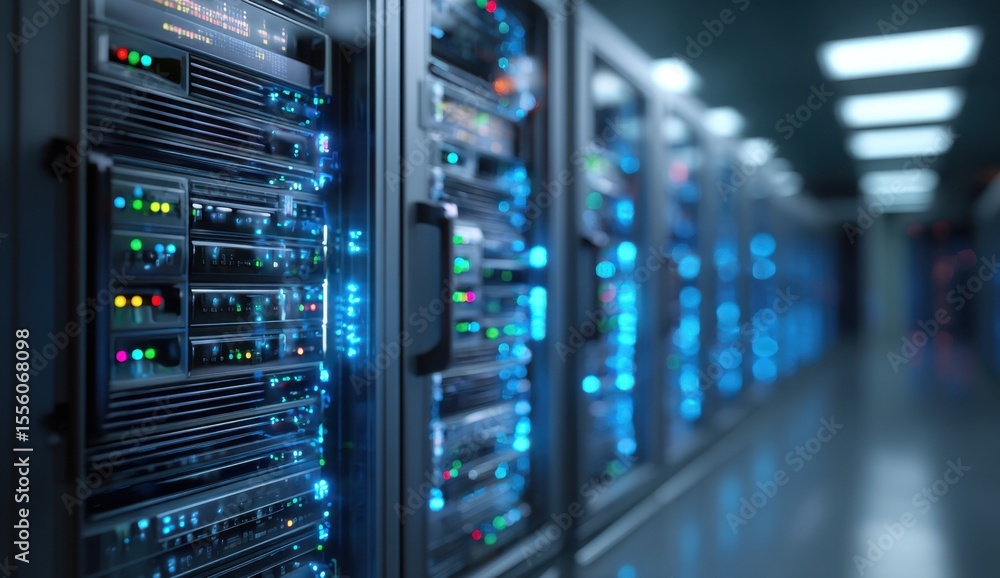 Glowing Data Streams Illuminate a Modern Server Room's Powerful Network Infrastructure. Glowing Data Streams Illuminate a Modern Server Room's Powerful Network Infrastructure.