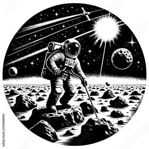 A vintage black and white space mission scene showing an astronaut exploring a rocky asteroid field
