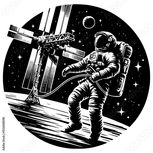 A black and white sketch of an astronaut making a spacewalk near a futuristic space station