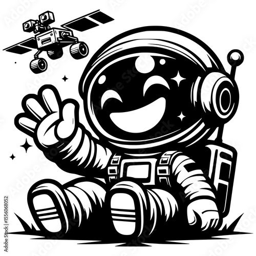 A cartoon black and white drawing of a smiling astronaut waving with a floating space rover nearby