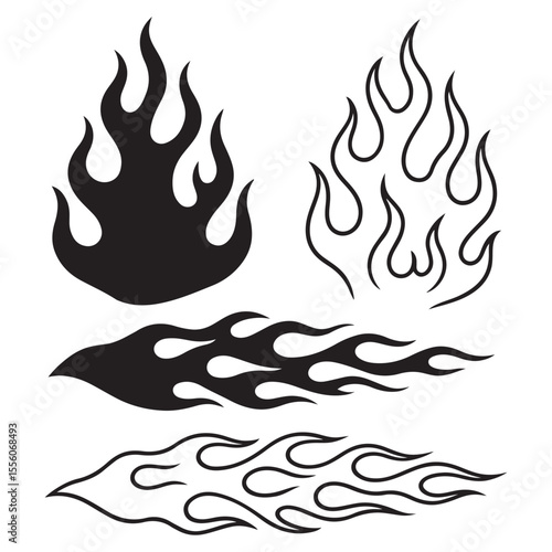  Black and white flame silhouette and outline style. Retro fire aesthetics, with flames.Flame silhouettes in 
classic 90s style, motorcycle and hot rod car style. Vector set