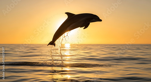 Ai generative,silhouette of a dolphin jumping into the sunset