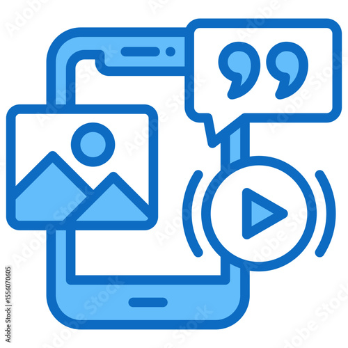 Social Media Post Blue Fill Outline Style Icon - Smartphone screen with image, video, and quote elements, representing digital content creation or mobile content