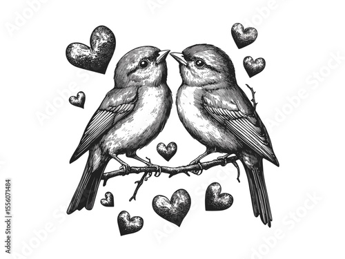 Vintage Valentine couple birds engraving, romantic holiday motif, black hand-drawn line style, trendy seasonal love decor, old sketch art, antique etching, classic romance design