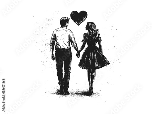 Romantic couple silhouette engraving, vintage hand-drawn style, love holiday decor, black sketch, old engraving style, Valentine’s Day art, relationship icon, timeless love illustration