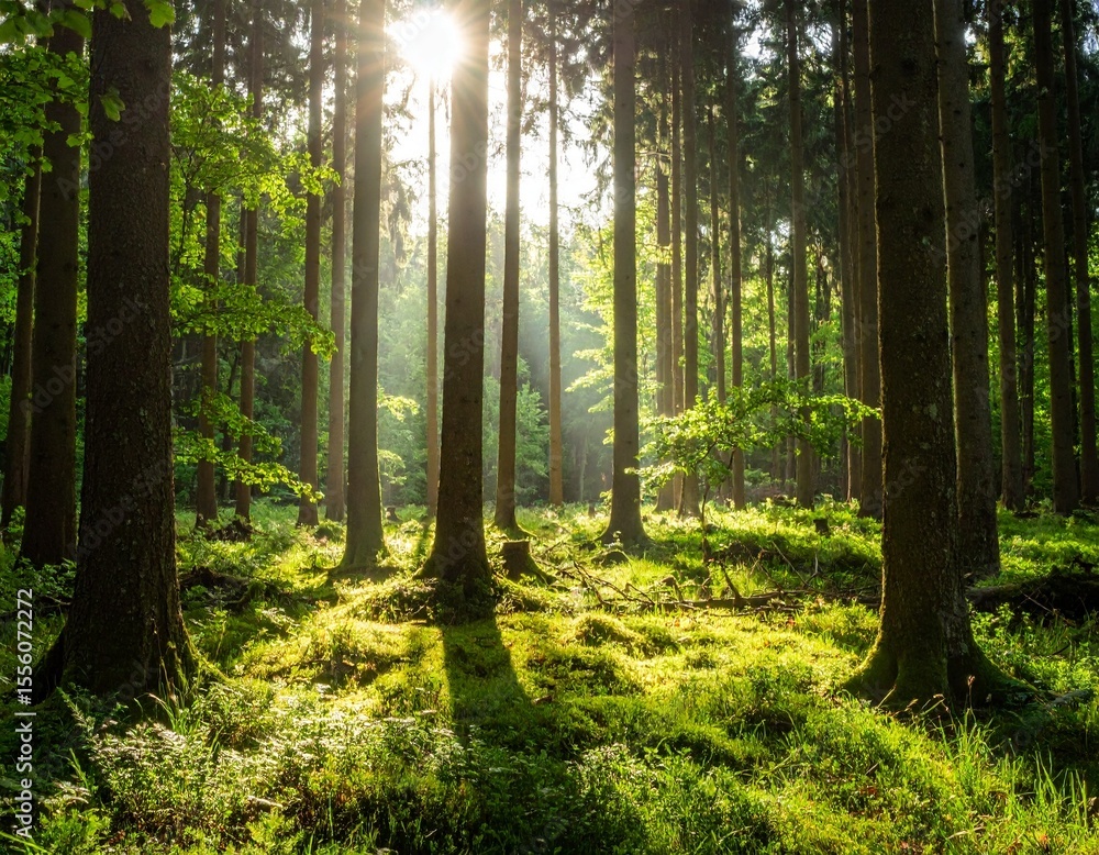 Fototapeta premium マイナスイオンを感じる緑の森の中 朝日が射しこむさわやかでポジティブな雰囲気 