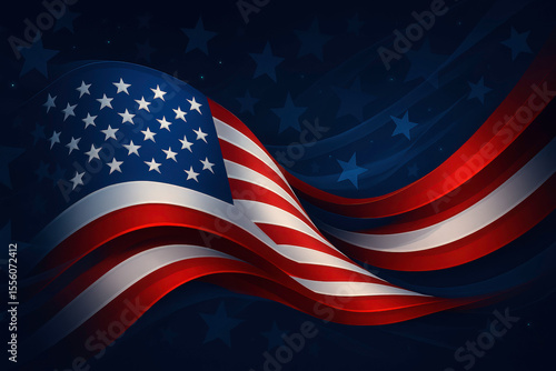 A high-resolution digital artwork of the American flag, featuring a stylized, flowing ribbon-like design set against a deep midnight blue background