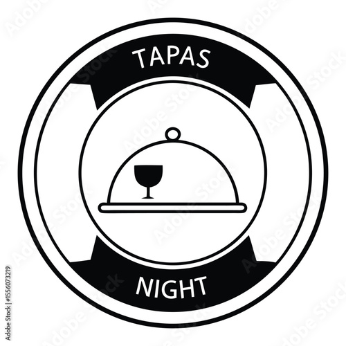 Circular tapas night logo featuring a covered dish and wine glass isolated on white background