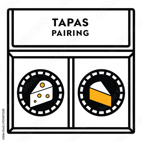 Stylized illustration of tapas pairing with cheese slices and text isolated on white background