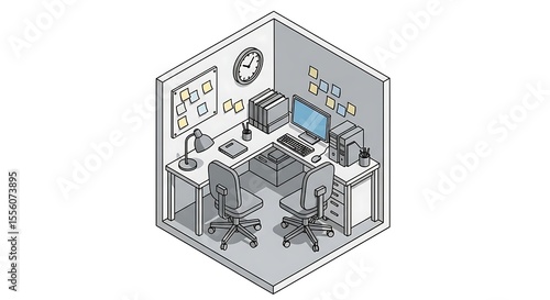 Isometric illustration of a small office space with two desks, computers, chairs, and various office supplies.