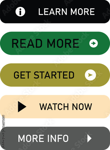  A collection of stylized call-to-action buttons with clear text labels and associated icons. The buttons are designed with rounded corners and feature distinct colors for each action, including a bla