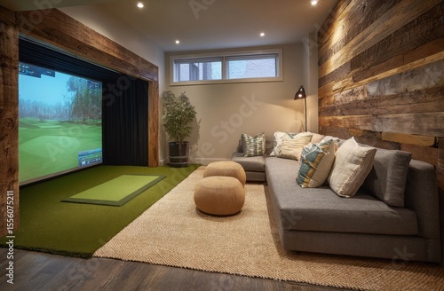 Relax and unwind in this stylish basement game room, complete with a golf simulator and cozy seating area.