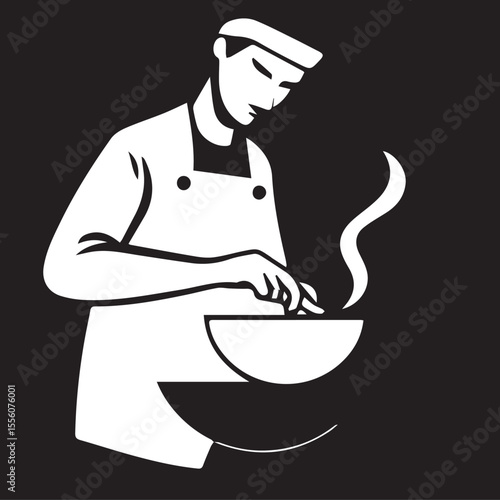 A monochrome vector illustration shows a chef cooking, stirring a steaming dish in a pan.