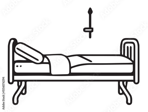 A vector line art illustration of a bed with a pillow and blanket, with a small wall-mounted light above it, suggesting a bedroom setting.
