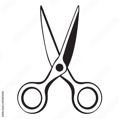 A black and white line art vector image of a pair of open scissors, depicting a cutting tool.