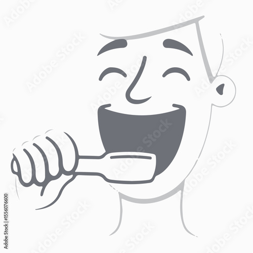 A grayscale vector image of a smiling person brushing their teeth, depicting oral hygiene and dental care with a cheerful expression.