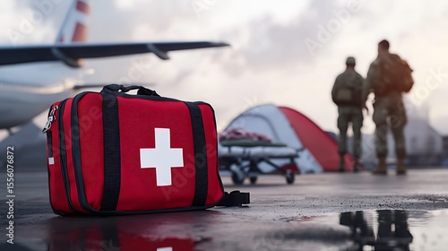 Red first aid kit on airport tarmac with aircraft and military personnel in the background during emergency response situation