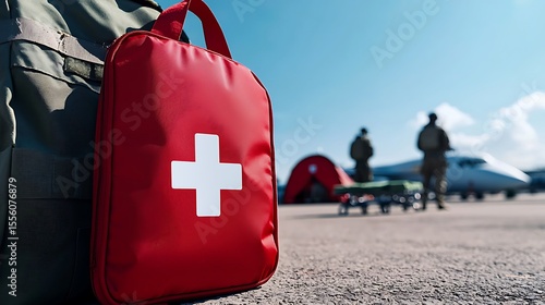 Medical Kit on Airport Tarmac with Personnel and Aircraft in Background Under Clear Sky