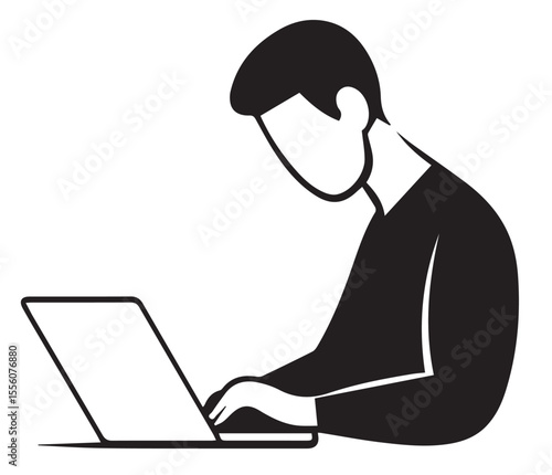 A monochromatic vector image showing a person with head bowed, actively working on a laptop, conveying focus, study, or digital tasks.