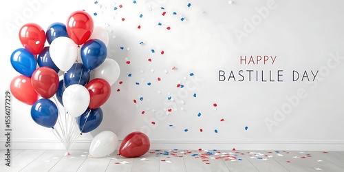 Festive red white and blue balloons and confetti celebrate bastille day