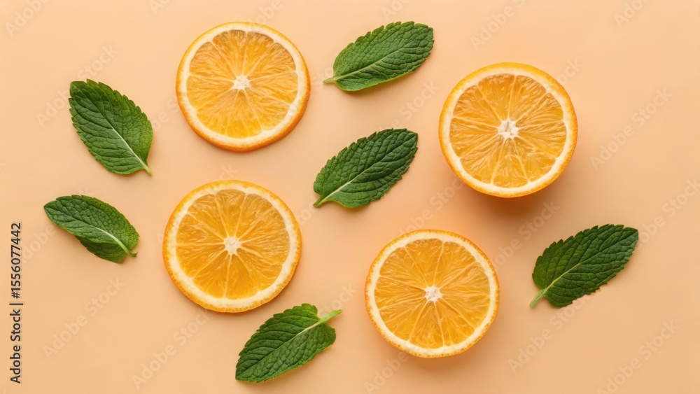 Fototapeta premium Fresh orange slices and green mint leaves are arranged on a peach background, creating a vibrant and refreshing composition.