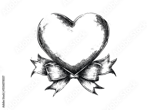 Heart ribbon engraving in vintage style, romantic Valentine’s Day symbol, hand-drawn seasonal decor, black sketch illustration, old engraving technique, antique love art, elegant festive design