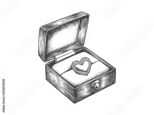 Vintage Valentine ring box engraving, romantic love holiday motif, black sketch decor, trendy February gift, old engraving style, classic romantic keepsake, anniversary present
