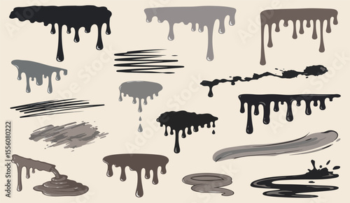 Collection of abstract dripping paint splatters and brush strokes in various shades of black grey and brown on a light beige background