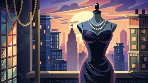 A sleek, form-fitting black dress with a scoop neckline and smooth satin texture hangs delicately on a vintage mannequin. The soft lighting highlights every gentle curve of the fabric. A pearl necklac