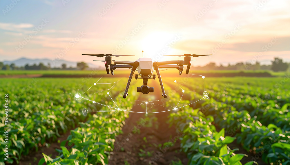 Drone monitors a flourishing green field at golden hour, representing modern precision agriculture and farming technology Drone monitors a flourishing green field at golden hour, representing modern precision agriculture and farming technology