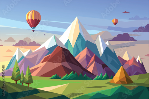 Low Poly Mountain Landscape with Hot Air Balloons Vector Illustration for Scenic