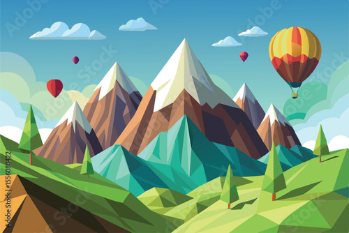 Low Poly Mountain Scene with Colorful Hot Air Balloons Vector
