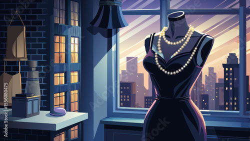 A sleek, form-fitting black dress with a scoop neckline and smooth satin texture hangs delicately on a vintage mannequin. The soft lighting highlights every gentle curve of the fabric. A pearl necklac