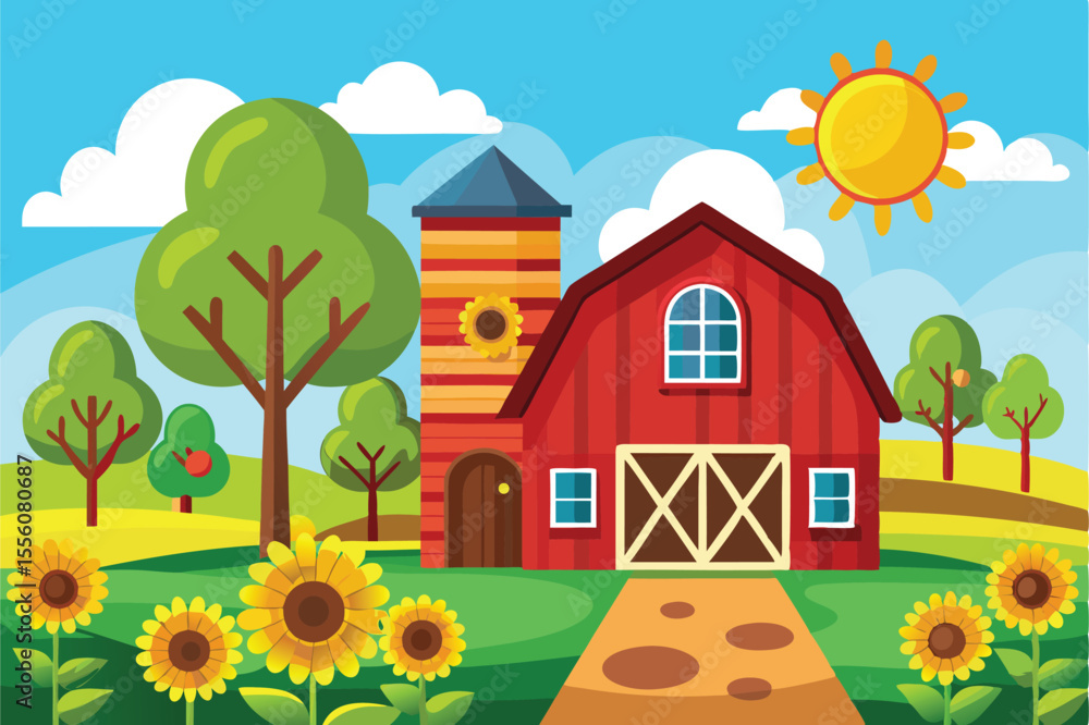 Naklejka premium Rustic Farmhouse Scene with Red Barn and Sunflower Garden Summer Cottage Vector Art