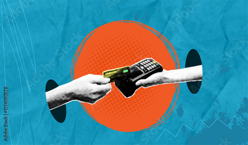 Trendy halftone pop art collage. Cut out customer's hands, using credit card to pay through card accepting terminal, paying by credit card.