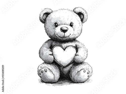 Valentine teddy bear with heart engraving, romantic plush toy, vintage hand-drawn sketch, love gift motif, trendy holiday decor, black sketch illustration, cute gift idea