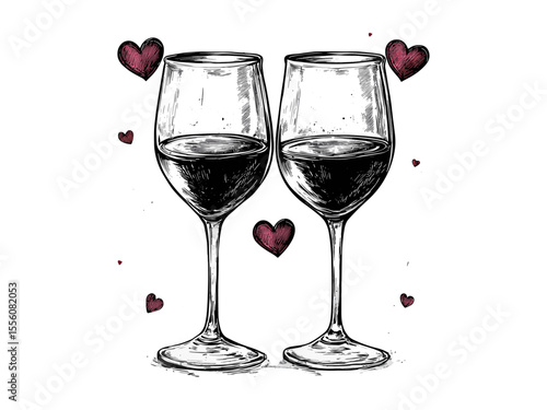 Valentine wine glass pair engraving, vintage romantic dinner icon, black hand-drawn sketch, holiday love decor, old style engraving, trendy couple celebration motif, love symbol illustration