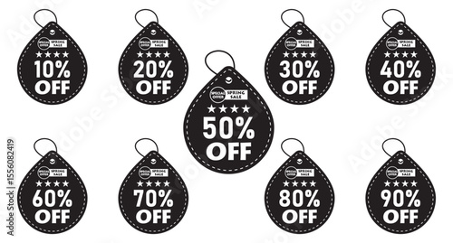 10%, 20%, 30%, 40%, 50%, 60%, 70%, 80%, 90%, Discount. A template of discounts with percentages and an editable background Black & White.