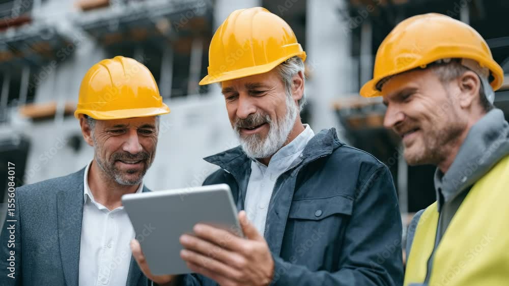 Three construction professionals gather at a construction site, wearing hard hats and discussing project updates displayed on a tablet. They appear engaged and focused on their work Three construction professionals gather at a construction site, wearing hard hats and discussing project updates displayed on a tablet. They appear engaged and focused on their work