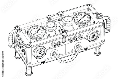 Time Machine Suitcase Blueprint in Stipple Ink Style. Vintage Sci-Fi Technical Drawing of a Time Travel Device. Retro Engraving Schematic