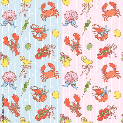 Cute coquette fisherman aesthetic seamless pattern with lobster, crab, olives and drink on white stripes in italian amalfi summer style for fabric or digital paper