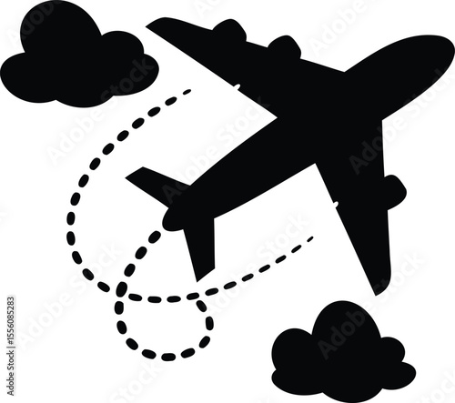Stylized Black and White Airplane with Flight Path and Clouds Travel Art