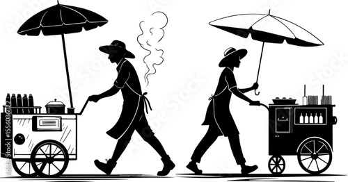 Black and White Vector Silhouette of Street Food Vendors Pushing Carts - Urban Culture and Street Food